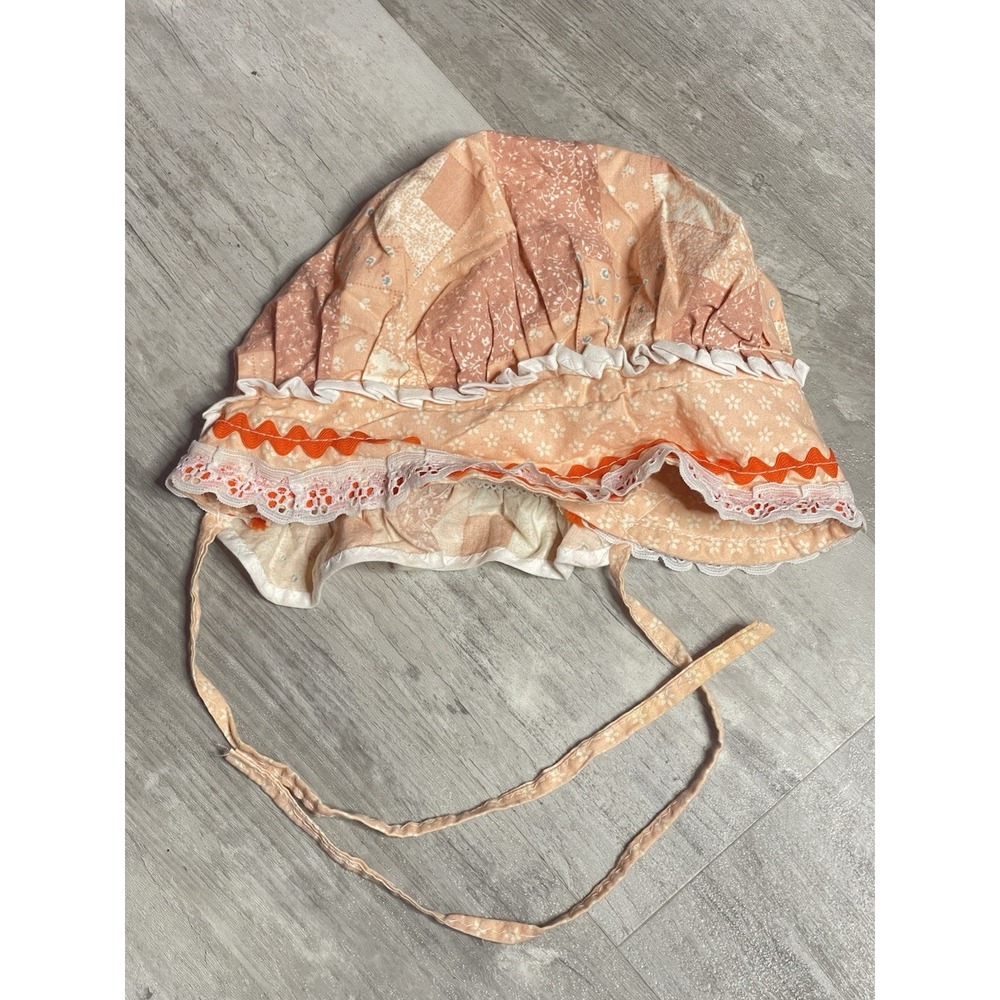 Antique Baby Bonnet Tulle Lace Peach Ribbon‎
